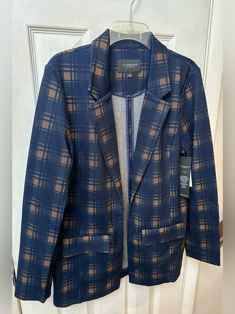 Liverpool Navy & Brown Plaid Oversized Boyfriend Blazer, Large